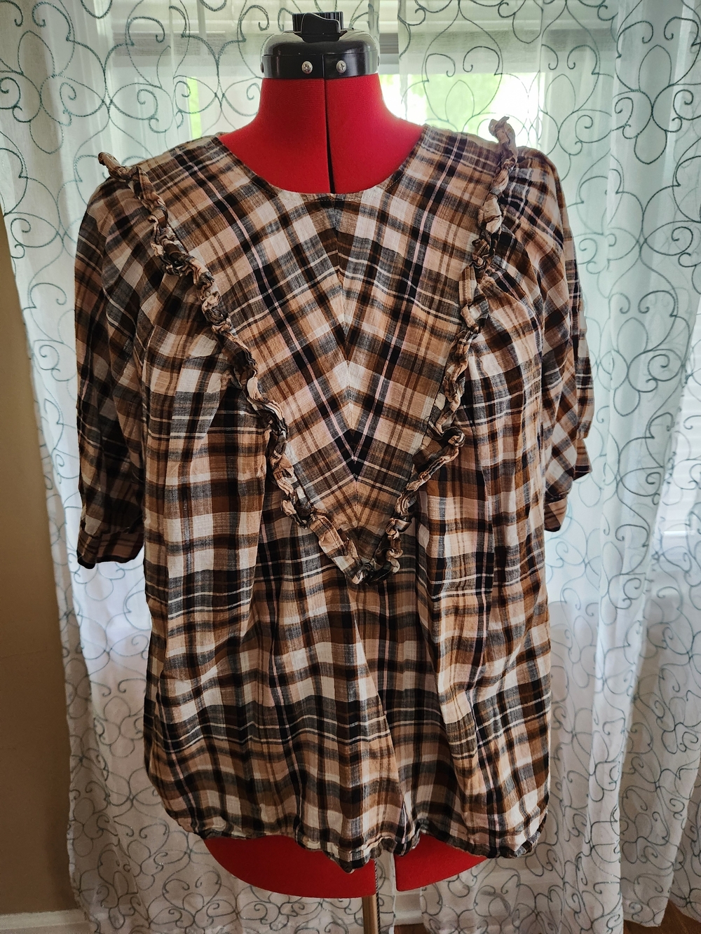 Terra & Sky Brown and Cream Plaid Ruffle V-Yoke Top